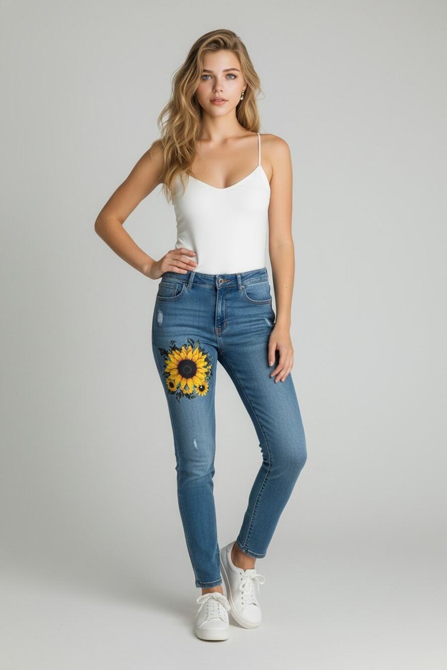High Rise Skinny Blue Jeans Sunflower Themed. Sexy Romantic Cottagecore 12